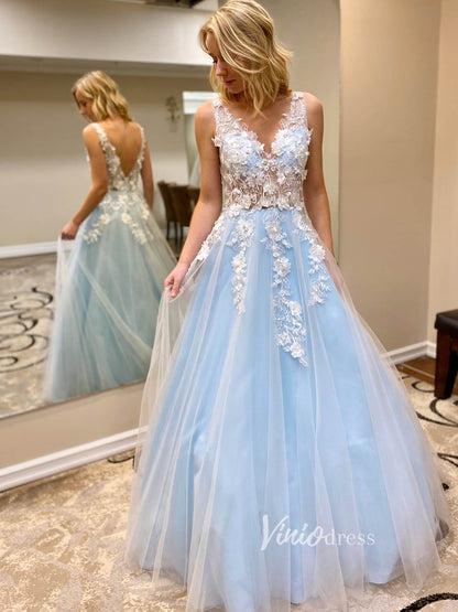 3D Floral Lilac Tulle Long Prom Dresses V Neck Junior Prom Dress FD2330-prom dresses 2025 -Viniodress-Light Blue-Custom Size-