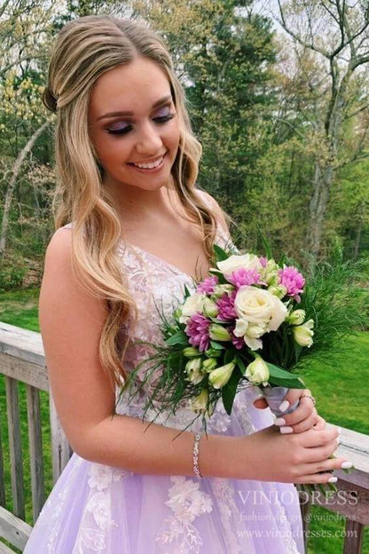 3D Floral Lilac Tulle Long Prom Dresses V Neck Junior Prom Dress FD2330-prom dresses 2025 -Viniodress-Lilac-Custom Size-