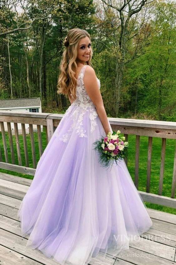3D Floral Lilac Tulle Long Prom Dresses V Neck Junior Prom Dress FD2330-prom dresses 2025 -Viniodress-Lilac-Custom Size-
