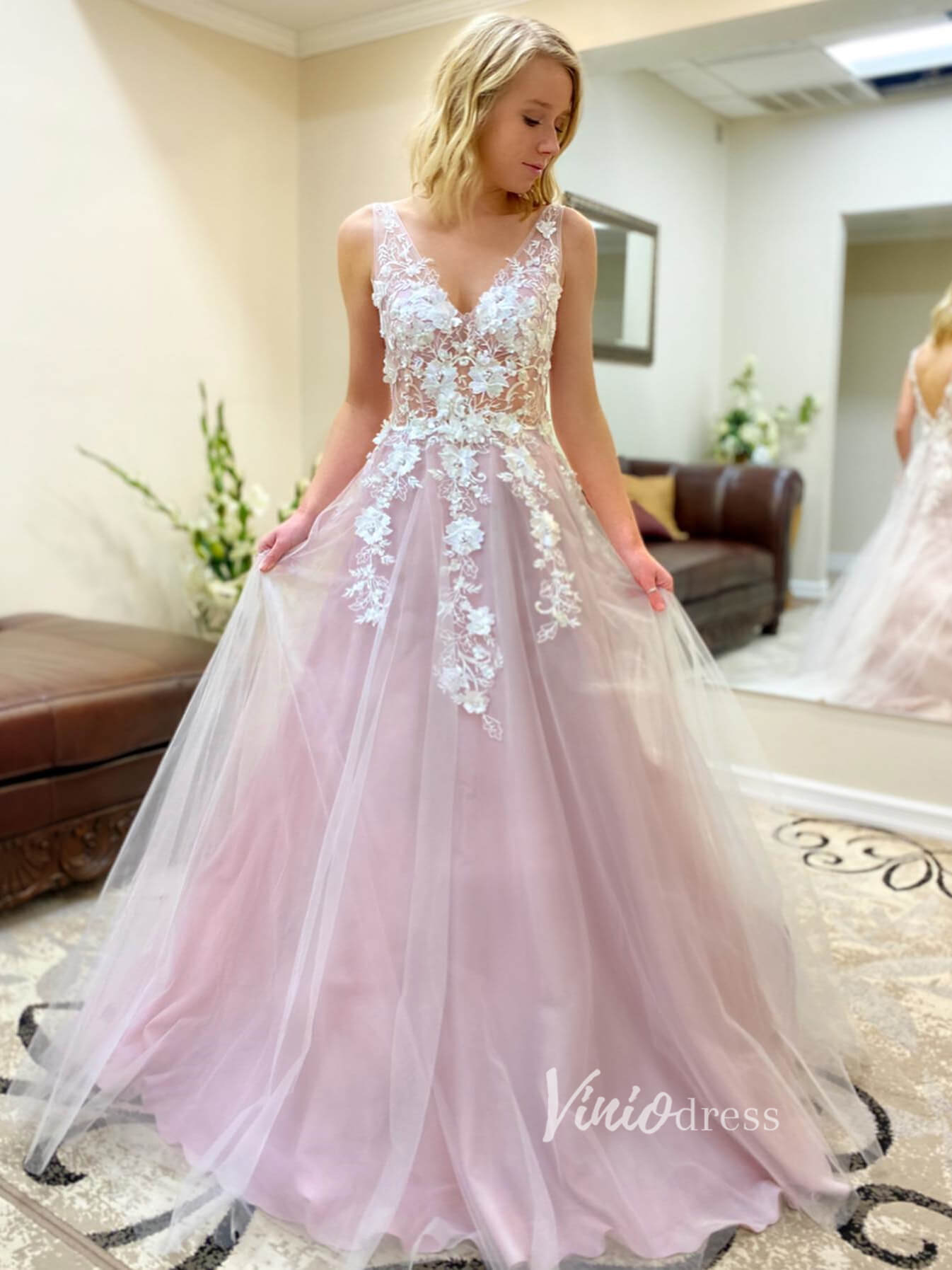 3D Floral Lilac Tulle Long Prom Dresses V Neck Junior Prom Dress FD2330-prom dresses 2025 -Viniodress-Pink-Custom Size-