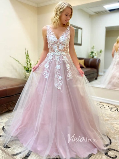 3D Floral Lilac Tulle Long Prom Dresses V Neck Junior Prom Dress FD2330-prom dresses 2025 -Viniodress-Pink-Custom Size-