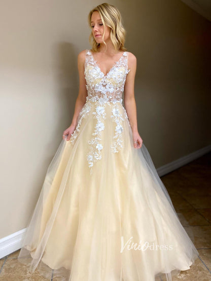 3D Floral Lilac Tulle Long Prom Dresses V Neck Junior Prom Dress FD2330-prom dresses 2025 -Viniodress-Yellow-Custom Size-