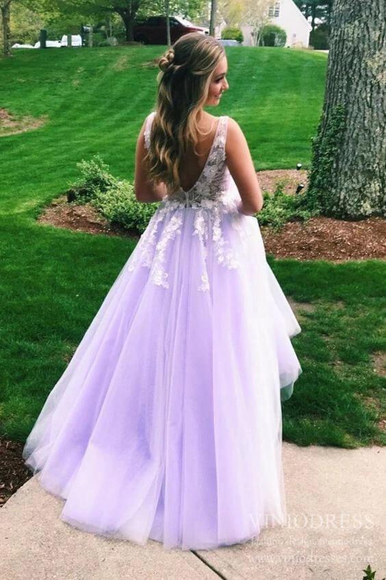 junior formal dresses long 3D Floral Lilac Tulle Long Prom Dresses V Neck Junior Prom Dress FD233 – Viniodress