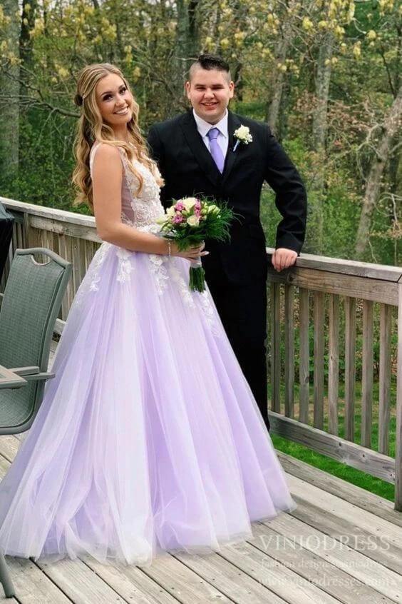 3D Floral Lilac Tulle Long Prom Dresses V Neck Junior Prom Dress FD2330-prom dresses-Viniodress-Viniodress