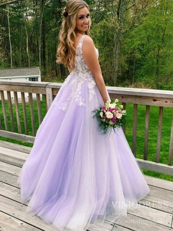 3D Floral Lilac Tulle Long Prom Dresses V Neck Junior Prom Dress FD2330-prom dresses-Viniodress-Lilac-Custom Size-Viniodress