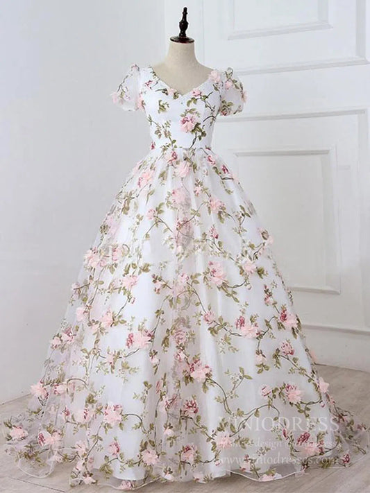3D Floral Prom Dresses for Teens V-neck Flower Blossom Ball Gowns FD1685-prom dresses 2025 -Viniodress-Pink-Custom Size-