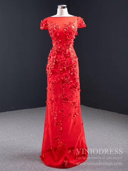 3D Floral Red Long Prom Dresses Detachable Train Mermaid Formal Dress FD2119-prom dresses 2025 -Viniodress-Red-Custom Size-