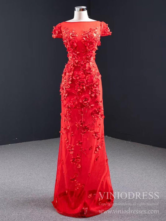 3D Floral Red Long Prom Dresses Detachable Train Mermaid Formal Dress FD2119-prom dresses 2025 -Viniodress-Red-Custom Size-