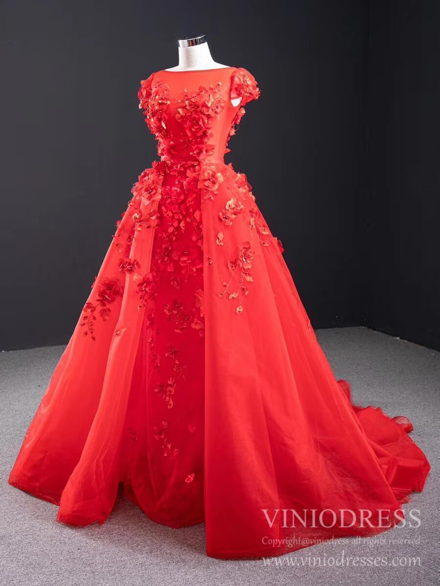 3D Floral Red Long Prom Dresses Detachable Train Mermaid Formal Dress FD2119-prom dresses 2025 -Viniodress-Red-Custom Size-
