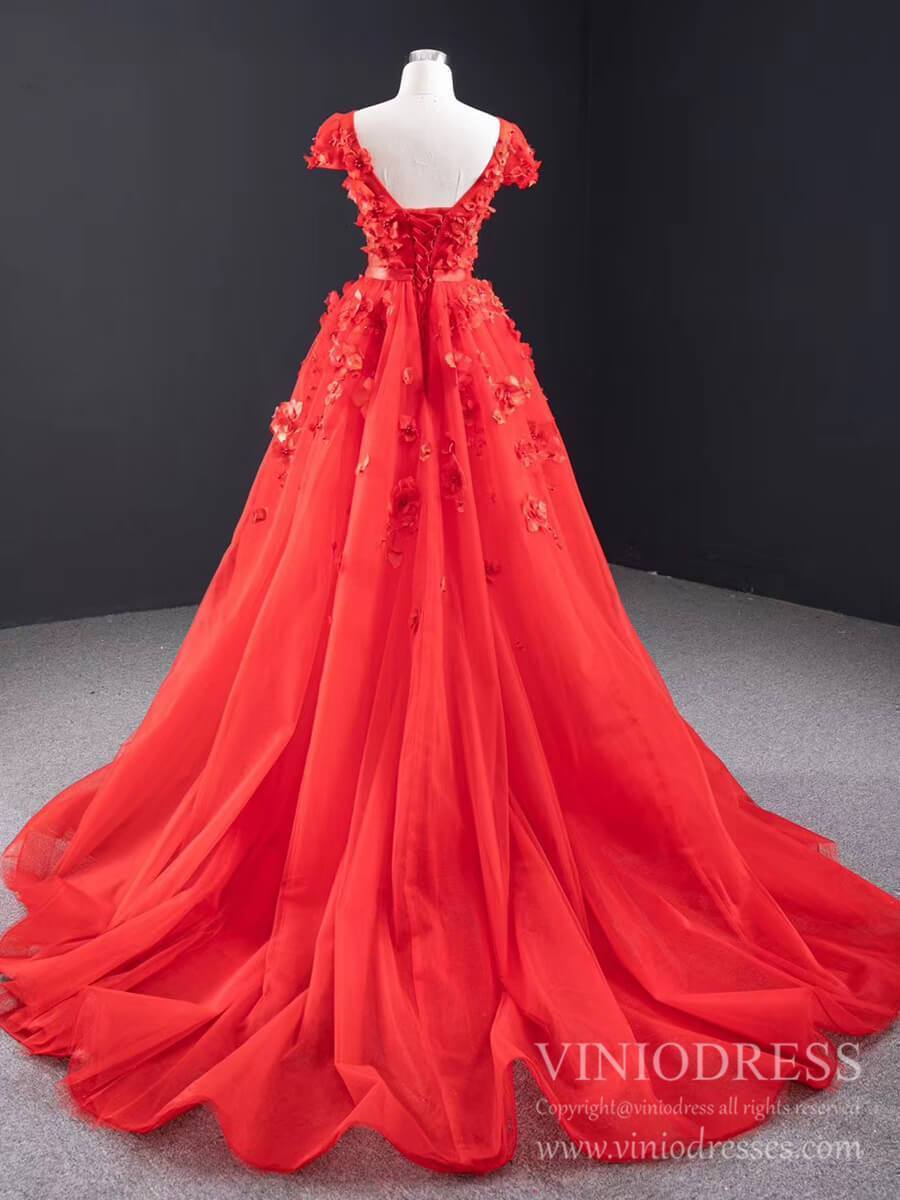 3D Floral Red Long Prom Dresses Detachable Train Mermaid Formal Dress FD2119-prom dresses 2025 -Viniodress-Red-Custom Size-