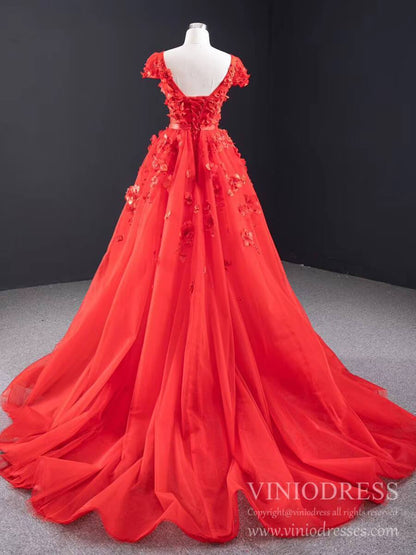 3D Floral Red Long Prom Dresses Detachable Train Mermaid Formal Dress FD2119-prom dresses 2025 -Viniodress-Red-Custom Size-