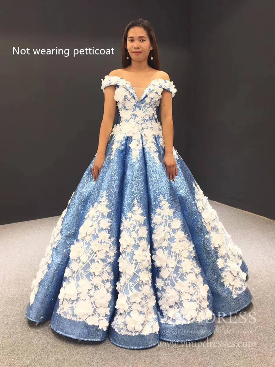 3D Floral Sequin Ball Gown Prom Dresses FD1109-Quinceanera Dresses 2025 -Viniodress-Light Blue-Custom Size-