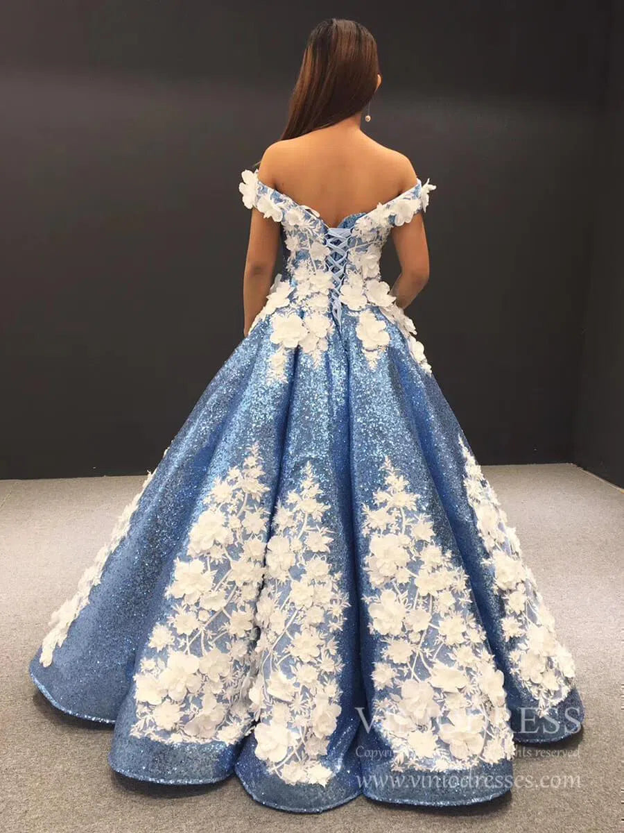 3D Floral Sequin Ball Gown Prom Dresses FD1109-Quinceanera Dresses 2025 -Viniodress-Light Blue-Custom Size-