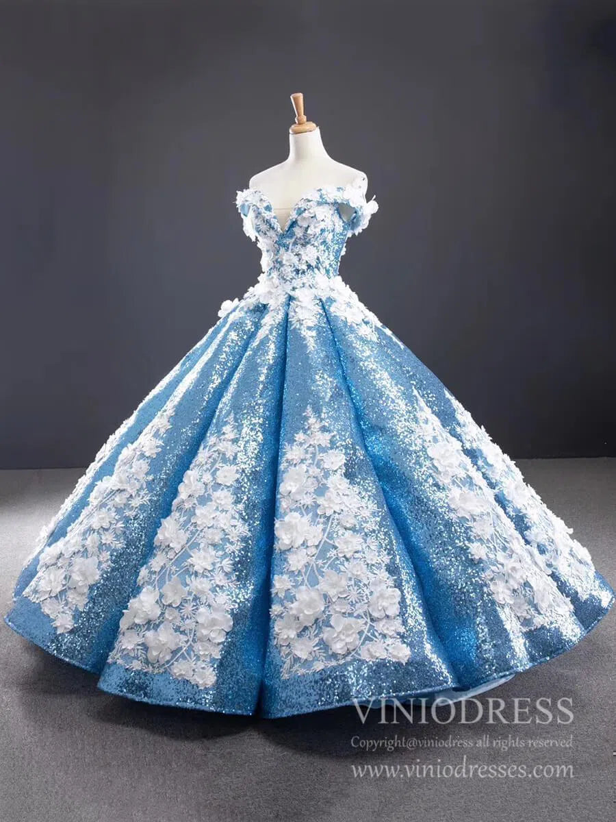 3D Floral Sequin Ball Gown Prom Dresses FD1109-Quinceanera Dresses 2025 -Viniodress-Light Blue-Custom Size-