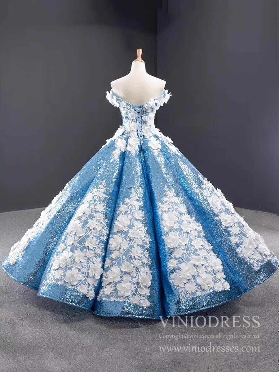 3D Floral Sequin Ball Gown Prom Dresses FD1109-Quinceanera Dresses 2025 -Viniodress-Light Blue-Custom Size-