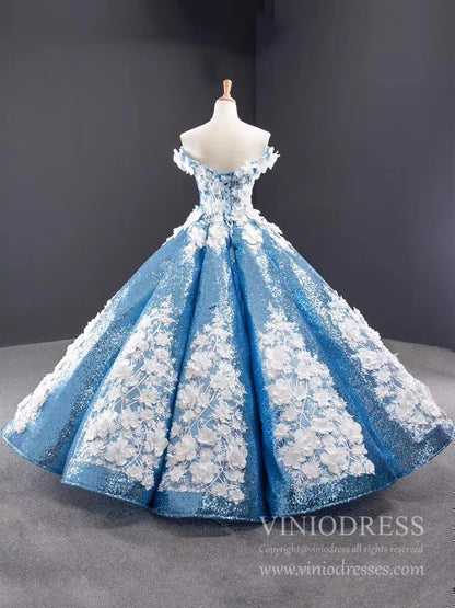 3D Floral Sequin Ball Gown Prom Dresses FD1109-Quinceanera Dresses 2025 -Viniodress-Light Blue-Custom Size-
