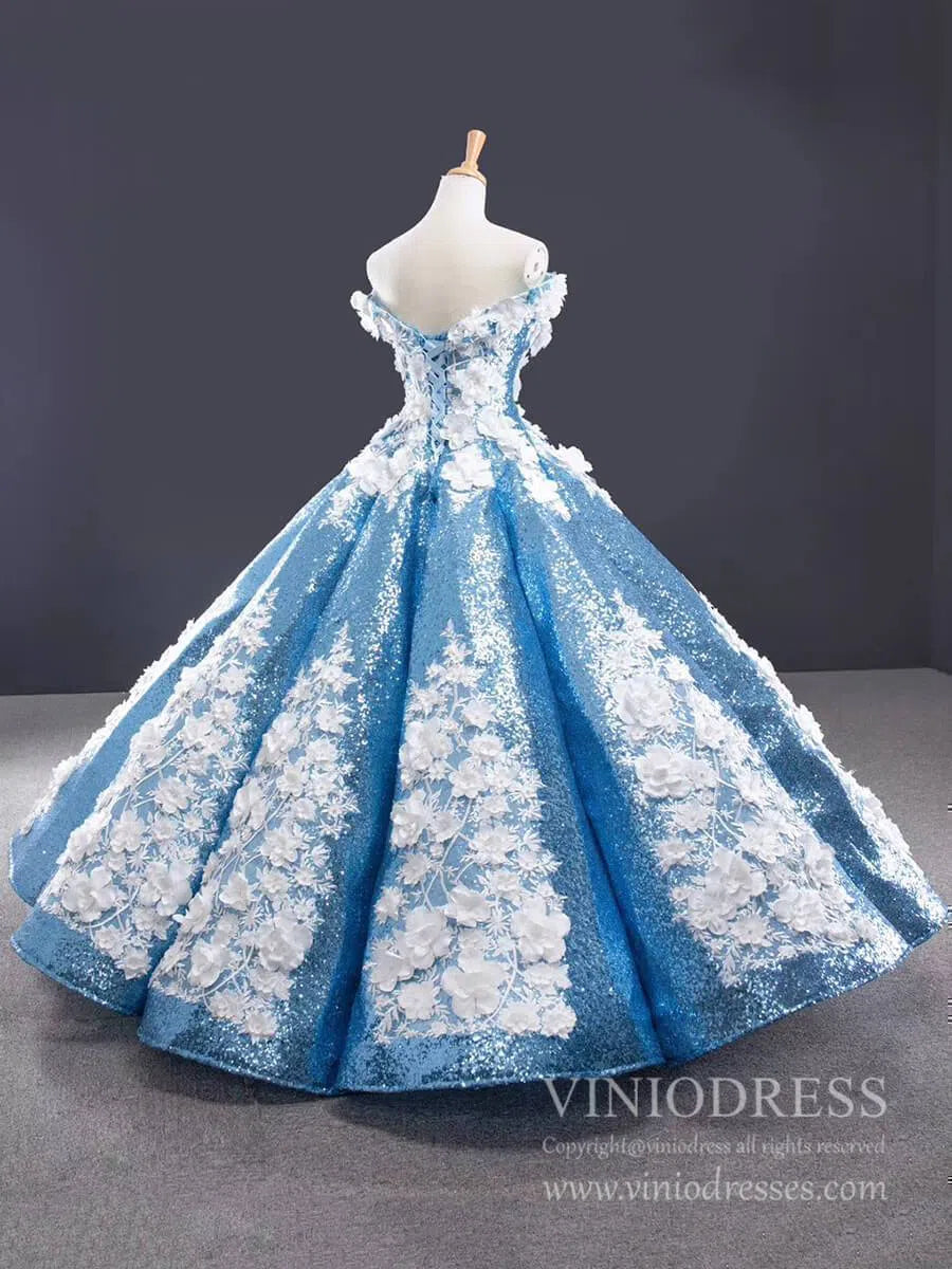 3D Floral Sequin Ball Gown Prom Dresses FD1109-Quinceanera Dresses 2025 -Viniodress-Light Blue-Custom Size-