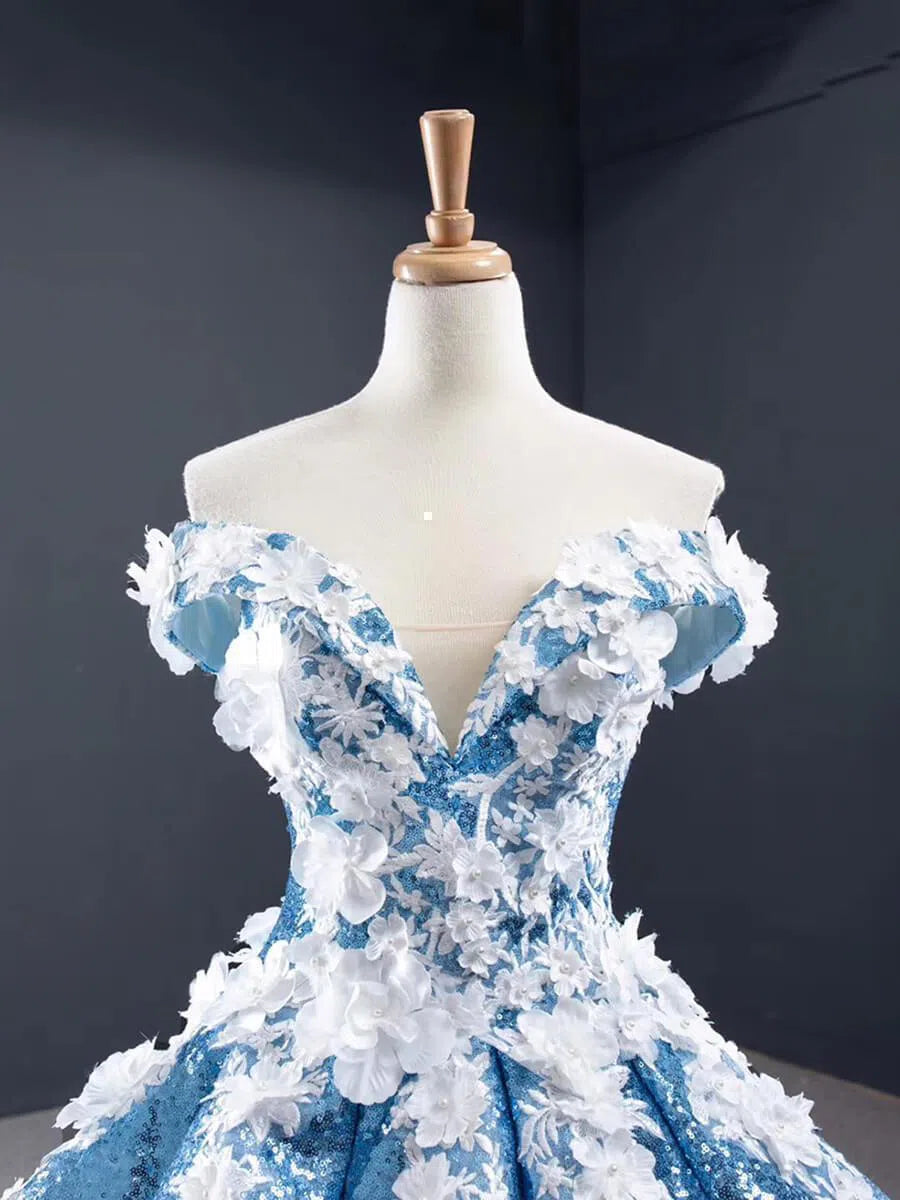 3D Floral Sequin Ball Gown Prom Dresses FD1109-Quinceanera Dresses 2025 -Viniodress-Light Blue-Custom Size-