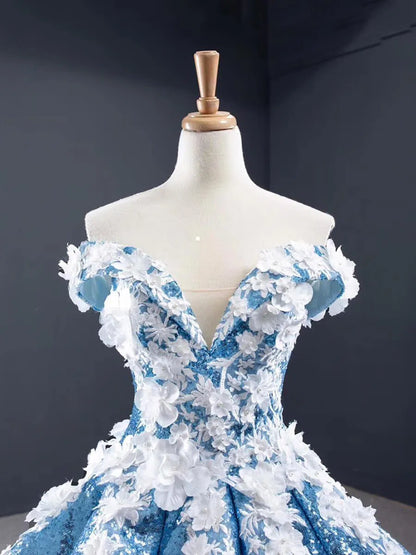 3D Floral Sequin Ball Gown Prom Dresses FD1109-Quinceanera Dresses 2025 -Viniodress-Light Blue-Custom Size-