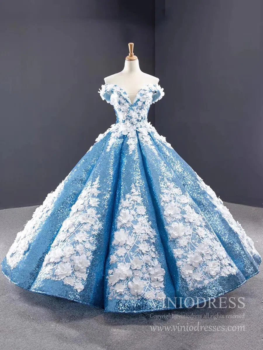 3D Floral Sequin Ball Gown Prom Dresses FD1109-Quinceanera Dresses 2025 -Viniodress-Light Blue-Custom Size-