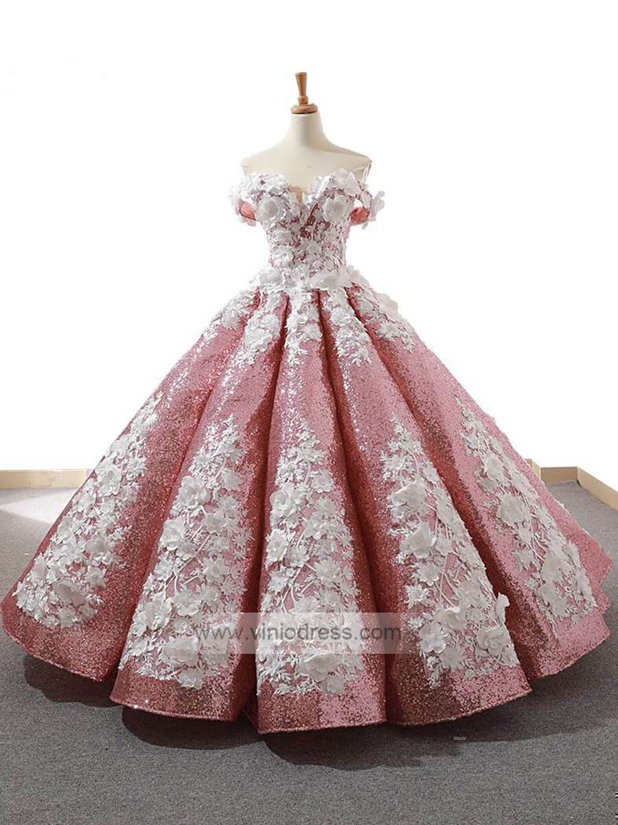 Prom Dress 2025 3D Floral Sequin Ball Gown Prom Dresses FD1109-unique Quinceanera Dresses-Pink-Custom Size-Viniodress