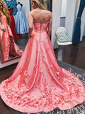 Prom Dress 2025 3D Floral Strapless Coral Satin Long Prom Dresses with Pockets FD1266-unique prom dresses-Coral-Custom Size-Viniodress