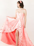 3D Floral Strapless Coral Satin Long Prom Dresses with Pockets FD1266