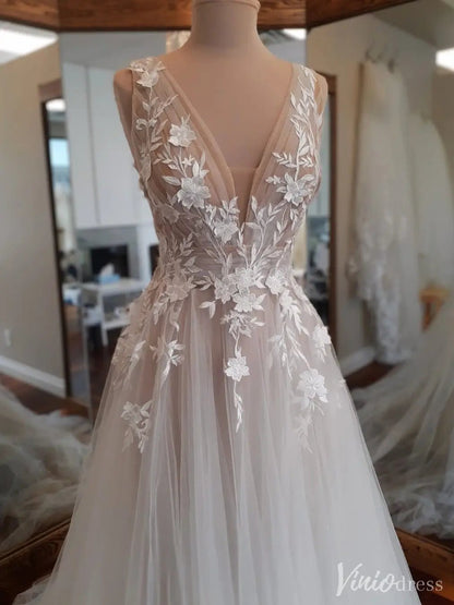 3D Floral Tulle Wedding Dress with Deep V-Neck and Sheer Back – VW2539-wedding dresses 2025 -Viniodress-Ivory-Custom Size-