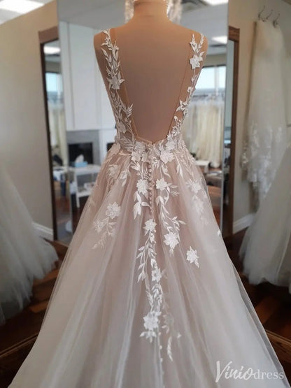 3D Floral Tulle Wedding Dress with Deep V-Neck and Sheer Back – VW2539-wedding dresses 2025 -Viniodress-Ivory-Custom Size-