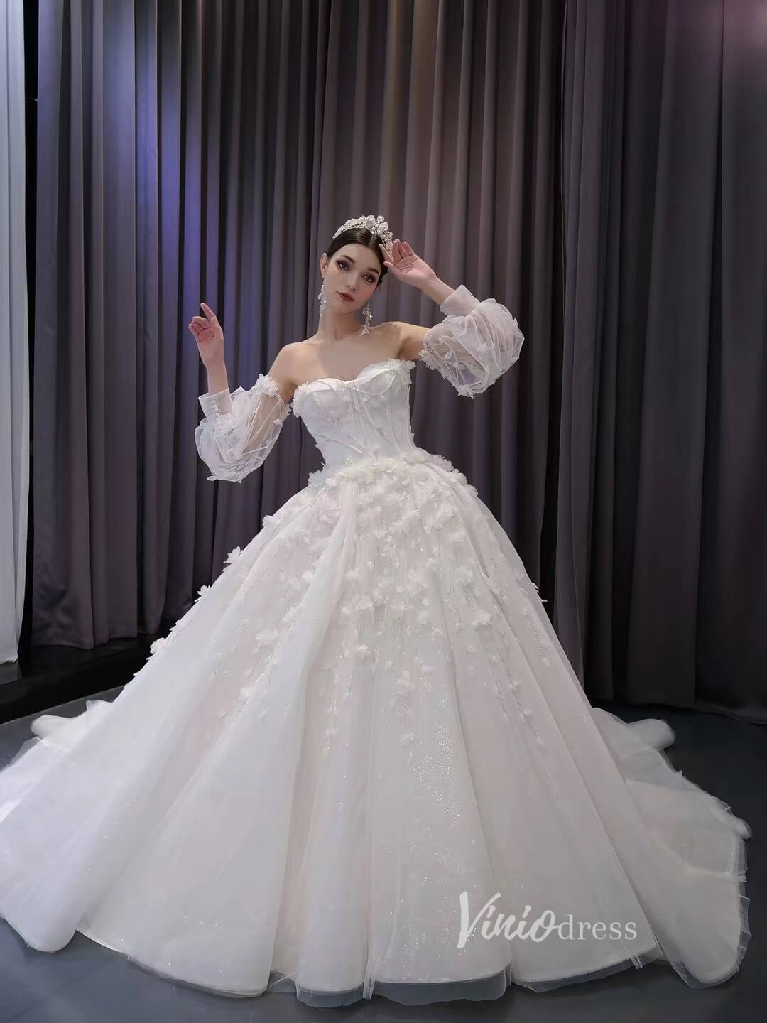 3D Floral White Wedding Dresses Removable Long Sleeves Bridal Gown 231123-wedding dresses-Viniodress-Ivory-Custom Size-Viniodress
