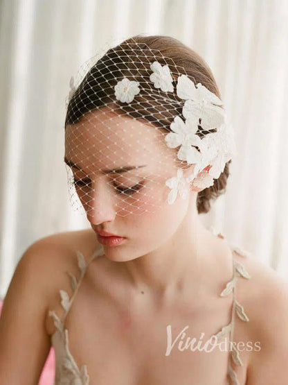 3D Flower Appliqued Vintage Birdcage Veils Viniodress AC1089-Bridal Veil 2025 -Viniodress-Ivory-