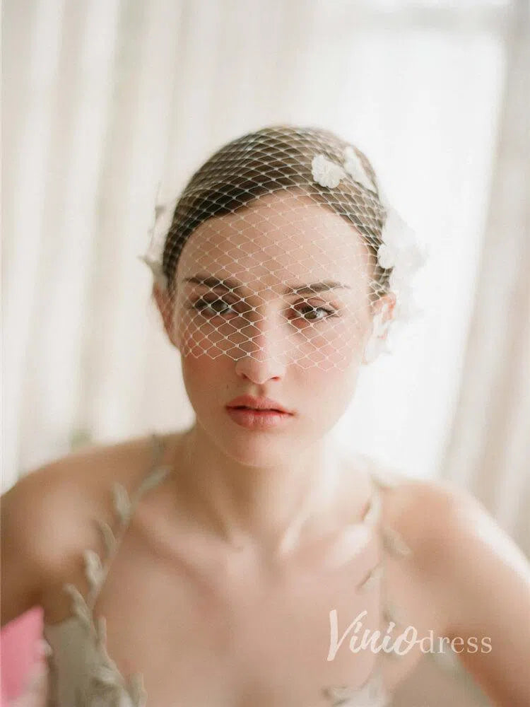 3D Flower Appliqued Vintage Birdcage Veils Viniodress AC1089-Bridal Veil 2025 -Viniodress-Ivory-