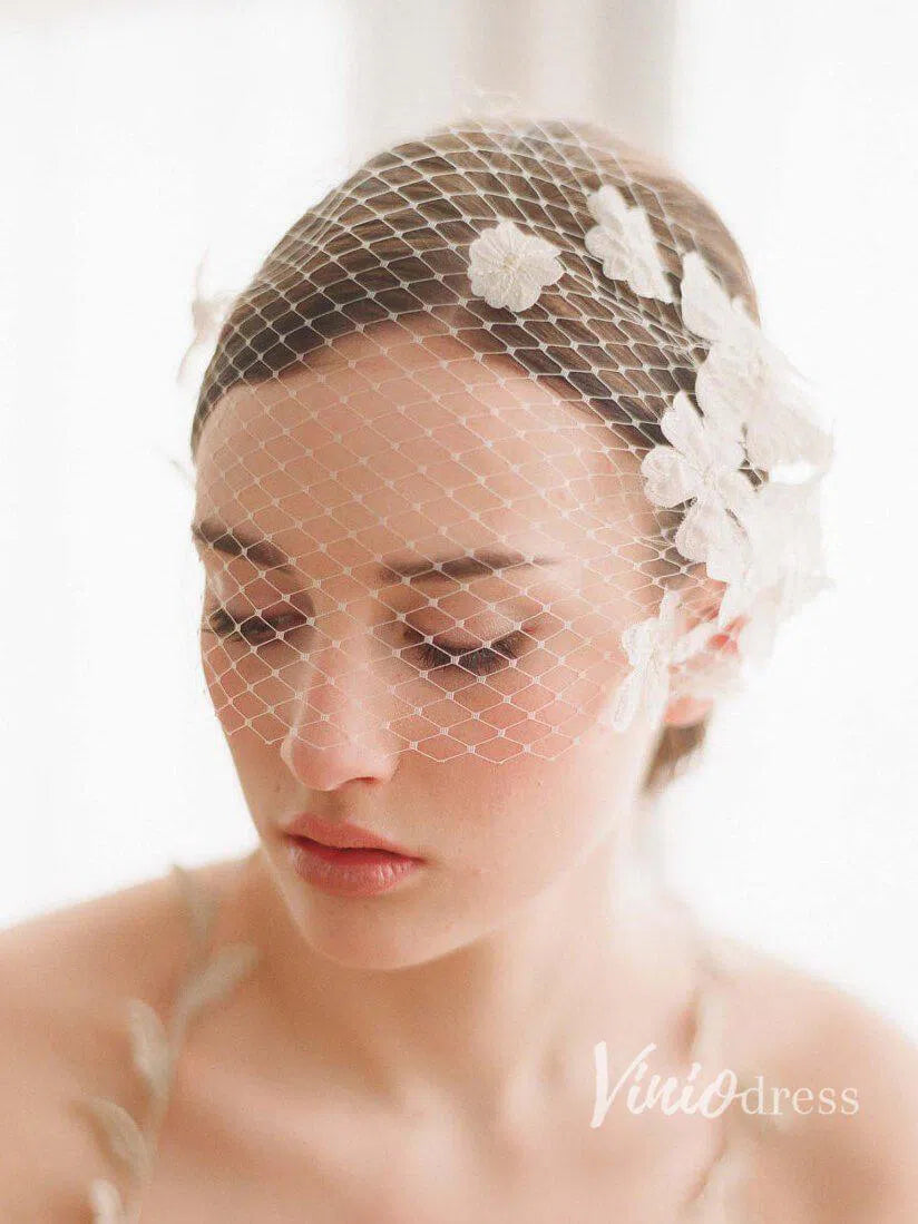 3D Flower Appliqued Vintage Birdcage Veils Viniodress AC1089-Veils-Viniodress-Ivory-Viniodress