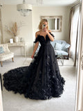 3D Flower Black Prom Dresses Long Floral Wedding Gown FD3641