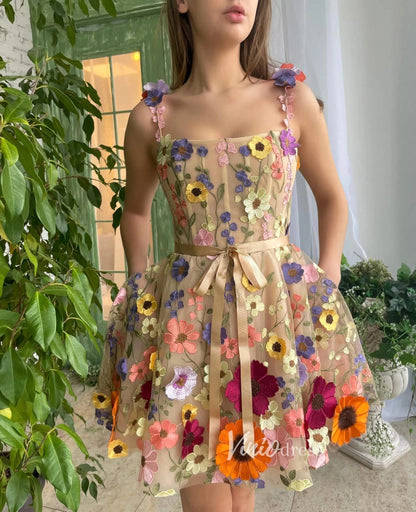 3D Flower Cocktail Dress A-line Short Floral Prom Dress FD2900B-Homecoming Dresses 2025 -Viniodress-Champagne-Custom Size-