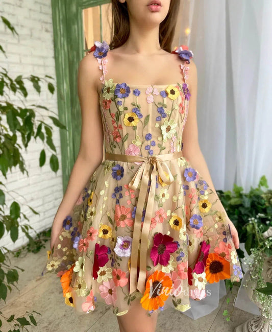 Short Prom Dresses 2025 3D Flower Cocktail Dress A-line Short Floral Prom Dress FD2900B-homecoming dresses-Viniodress-Champagne-Custom Size-Viniodress