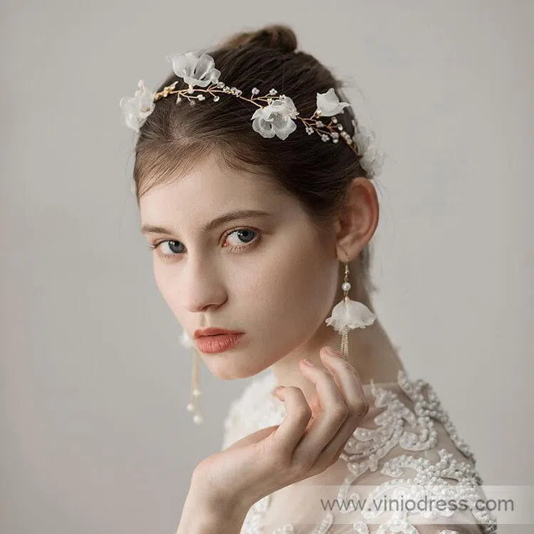 3D Flower Headband with Crystals, Ivory Flower Drop Earrings ACC1091-Headpieces 2025 -Viniodress-Headband-