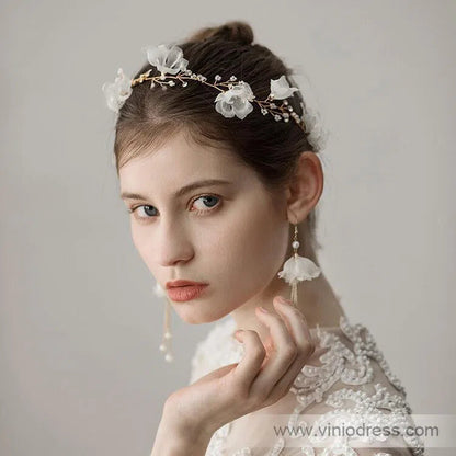3D Flower Headband with Crystals, Ivory Flower Drop Earrings ACC1091-Headpieces 2025 -Viniodress-Headband-