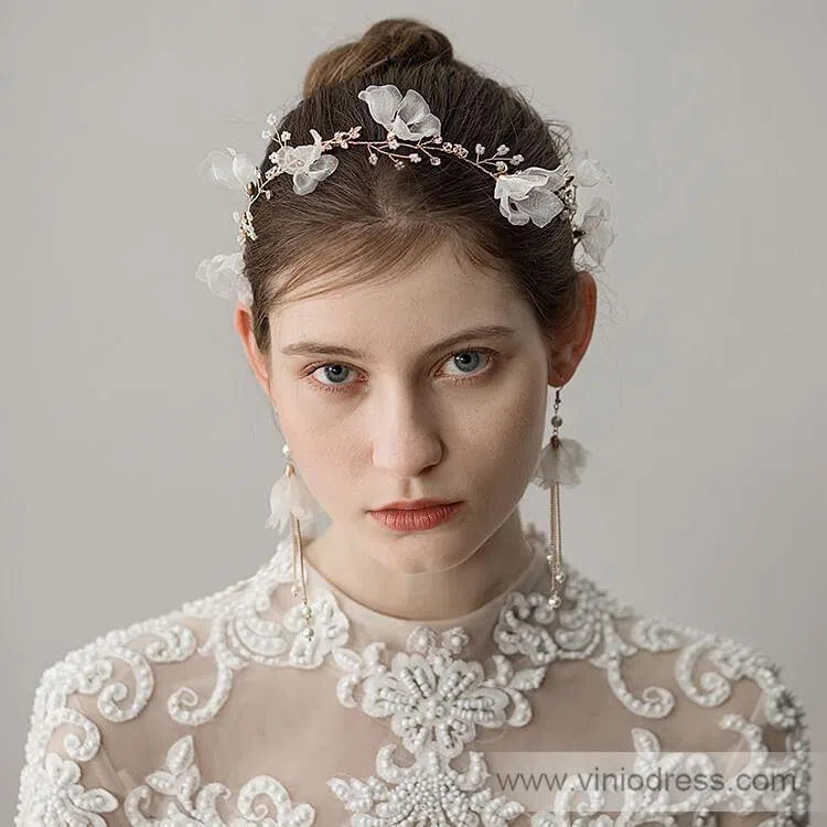 3D Flower Headband with Crystals, Ivory Flower Drop Earrings ACC1091-Headpieces-Viniodress-Viniodress