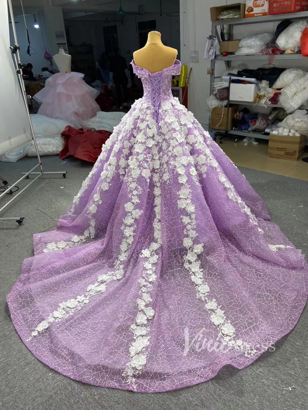 3D Flower Lilac Sweet 15 Dress Off the Shoulder Quince Dress 66601-Quinceanera Dresses 2025 -Viniodress-Lilac-Custom Size-
