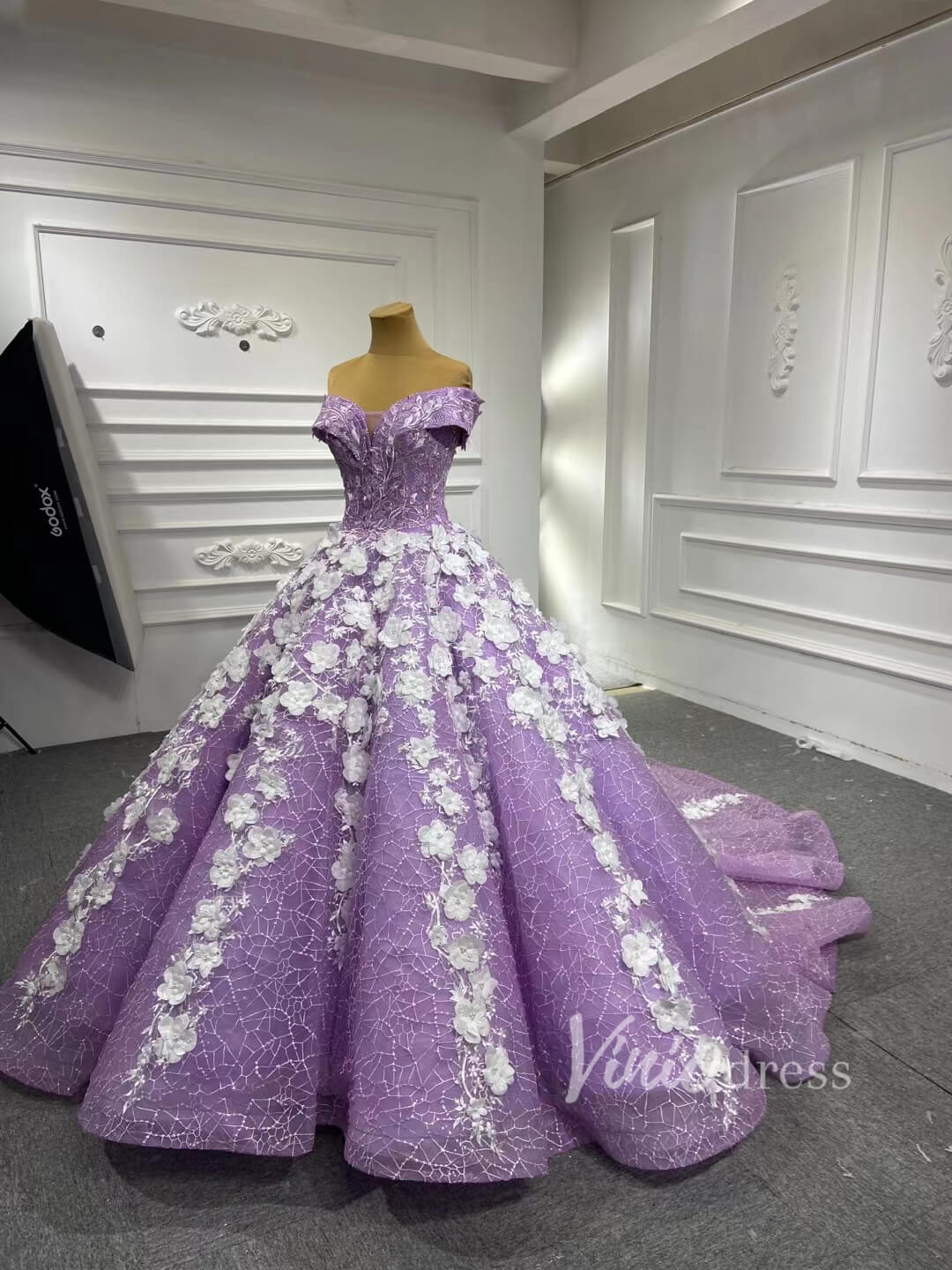 3D Flower Lilac Sweet 15 Dress Off the Shoulder Quince Dress 66601-Quinceanera Dresses 2025 -Viniodress-Lilac-Custom Size-