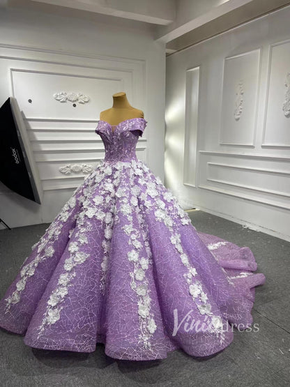 3D Flower Lilac Sweet 15 Dress Off the Shoulder Quince Dress 66601-Quinceanera Dresses 2025 -Viniodress-Lilac-Custom Size-