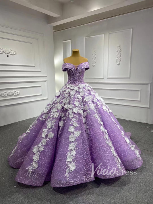 3D Flower Lilac Sweet 15 Dress Off the Shoulder Quince Dress 66601-Quinceanera Dresses 2025 -Viniodress-Lilac-Custom Size-