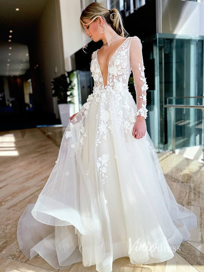 3D Flower Modern Wedding Dresses Backless Long Sleeve Wedding Gown VW2116-wedding dresses 2025 -Viniodress-Ivory-Custom Size-