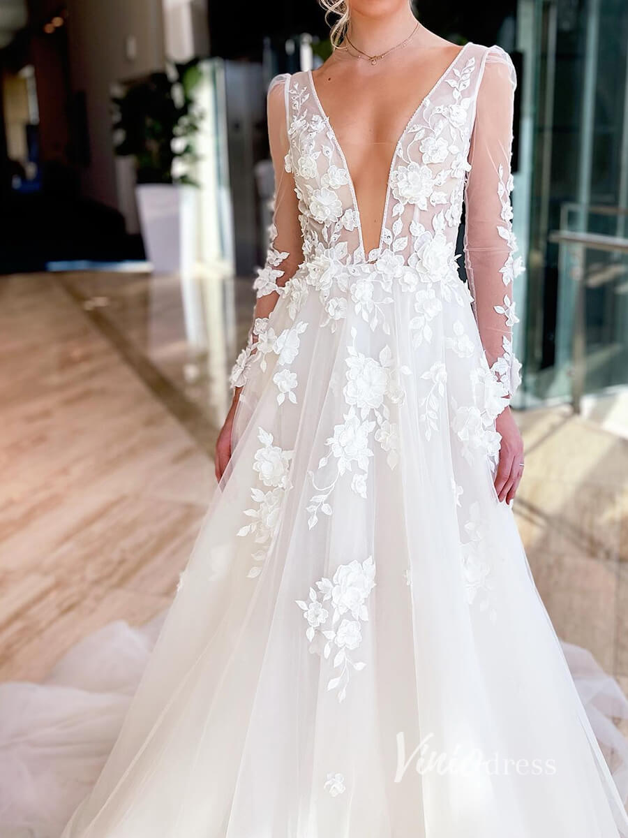 3D Flower Modern Wedding Dresses Backless Long Sleeve Wedding Gown VW2116-wedding dresses 2025 -Viniodress-Ivory-Custom Size-
