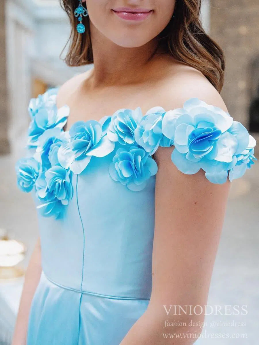 3D Flower Off the Shoulder Light Blue Prom Dresses with Pockets FD2106 Viniodress 3D Flower Off the Shoulder Light Blue Prom Dresses with Pockets FD2106 Viniodress