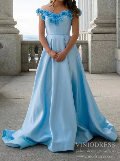 3D Flower Off the Shoulder Light Blue Prom Dresses with Pockets FD2106 Viniodress 3D Flower Off the Shoulder Light Blue Prom Dresses with Pockets FD2106 Viniodress