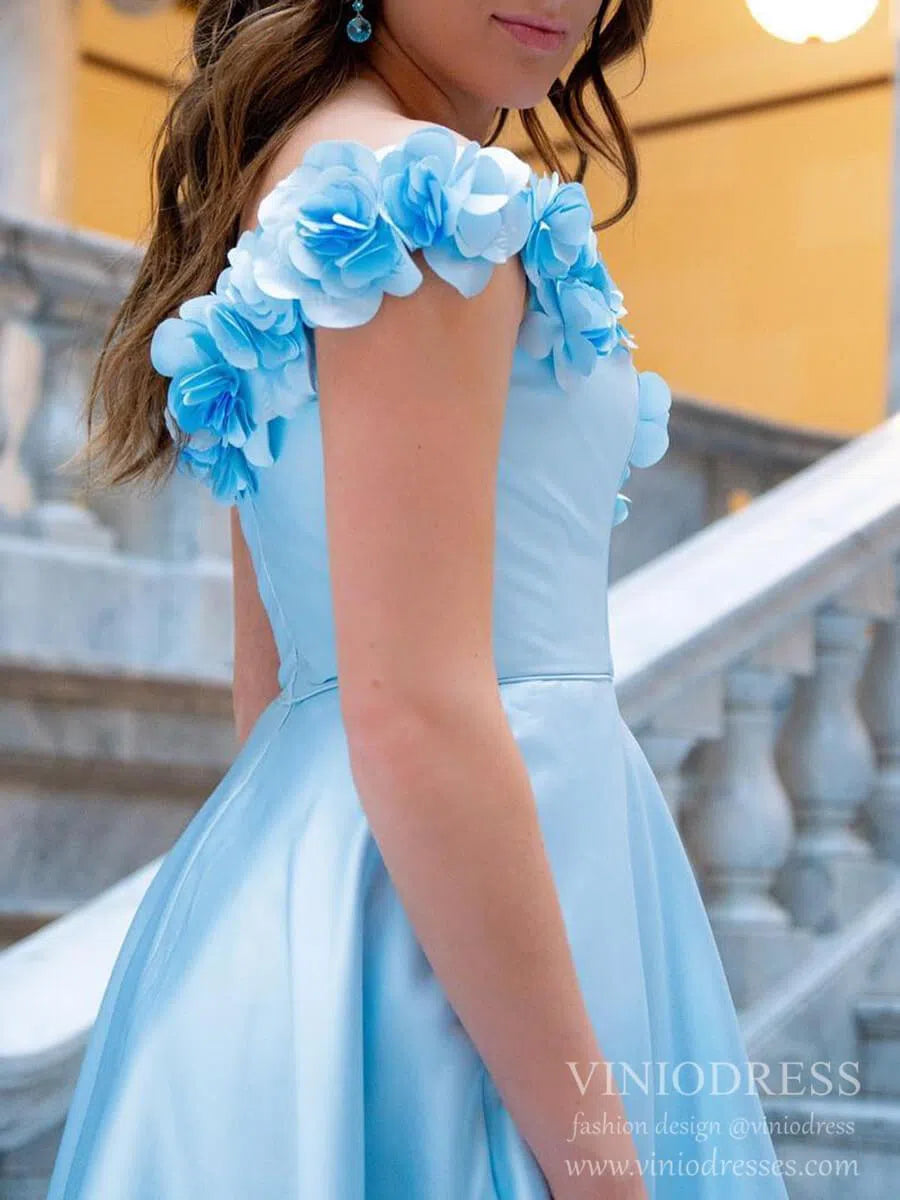 Prom Dress 2025 3D Flower Off the Shoulder Light Blue Prom Dresses with Pockets FD2106-unique prom dresses-Light Blue-Custom Size-Viniodress