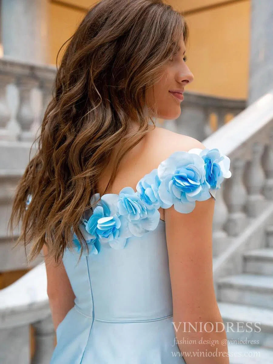 Prom Dress 2025 3D Flower Off the Shoulder Light Blue Prom Dresses with Pockets FD2106-unique prom dresses-Light Blue-Custom Size-Viniodress