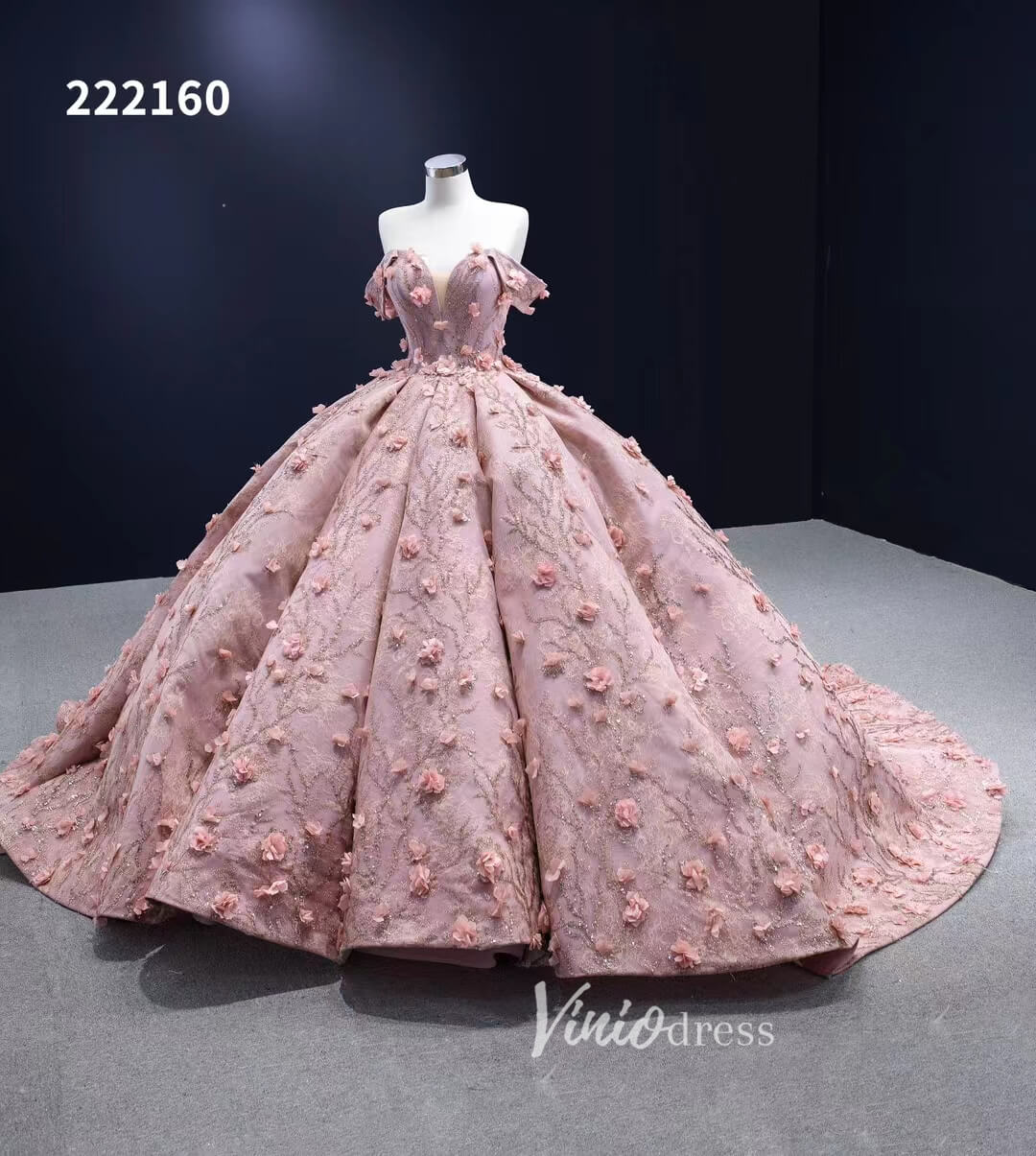 3D Flower Pink Quince Dresses Ball Gown Wedding Dress Off the Shoulder 222160-prom dresses 2025 -Viniodress-Pink-Custom Size-